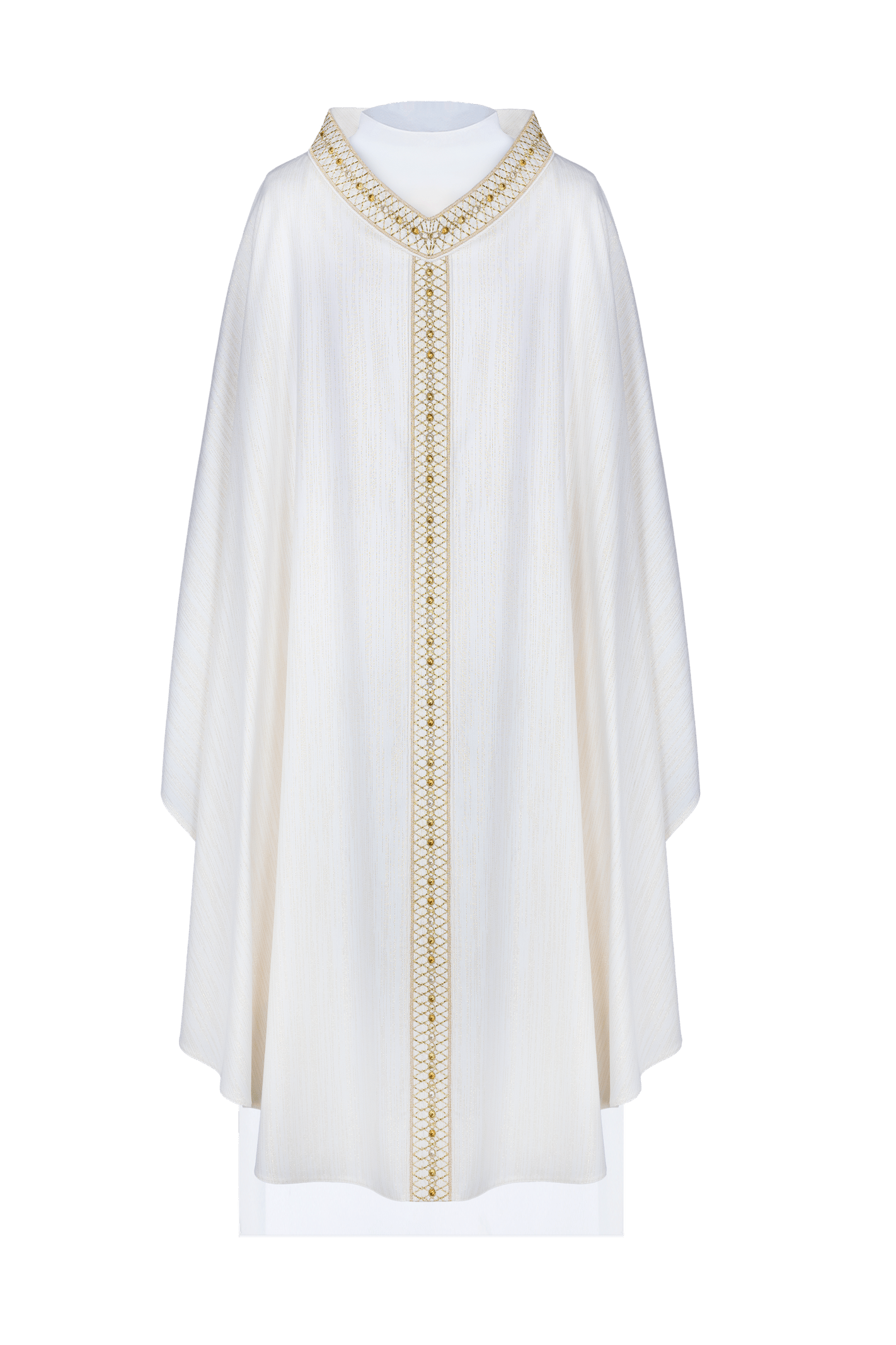 Chasuble blanche avec ceinture brodée et col orné de pierres