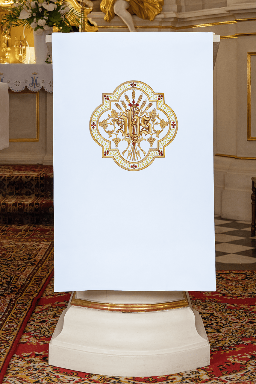 Blanc voile de lutrin brodée or I JHS KMO/004/04/01 BIAŁY 55*160 - CHASUBLES.FR