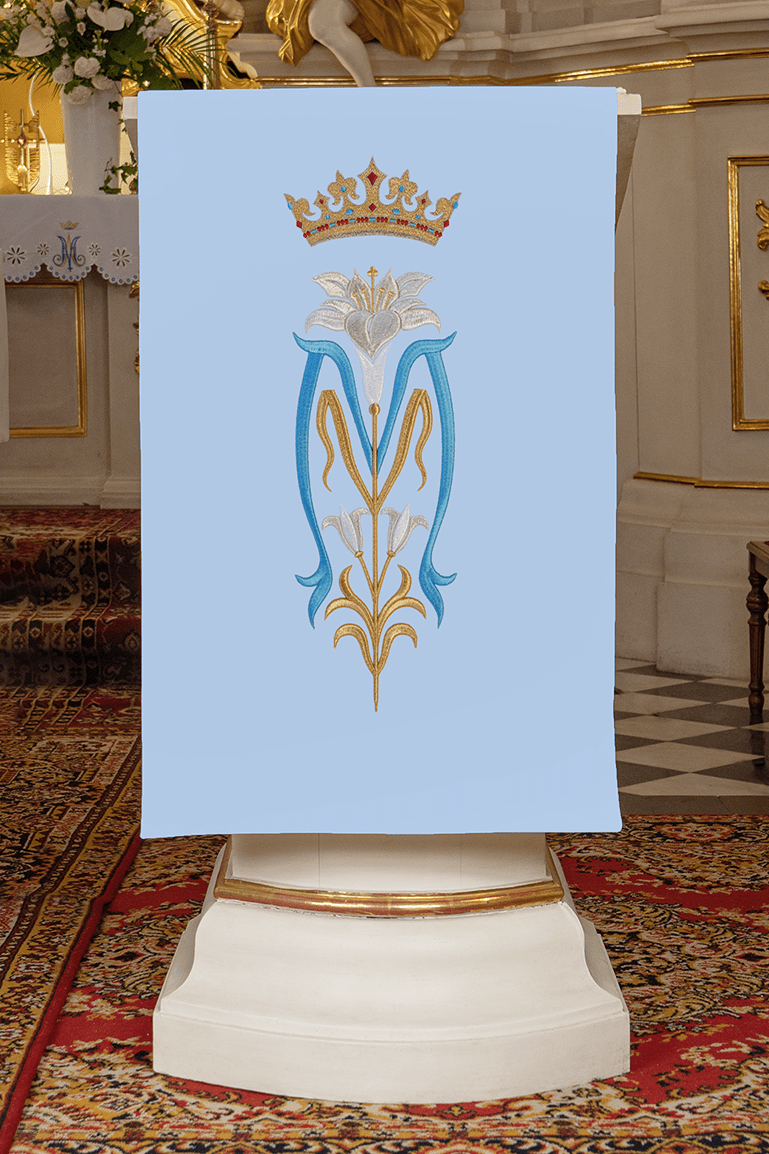 Bleu voile de lutrin brodée avec motif marial KMO/022/06/01 NIEBIESKI 55*250 - CHASUBLES.FR