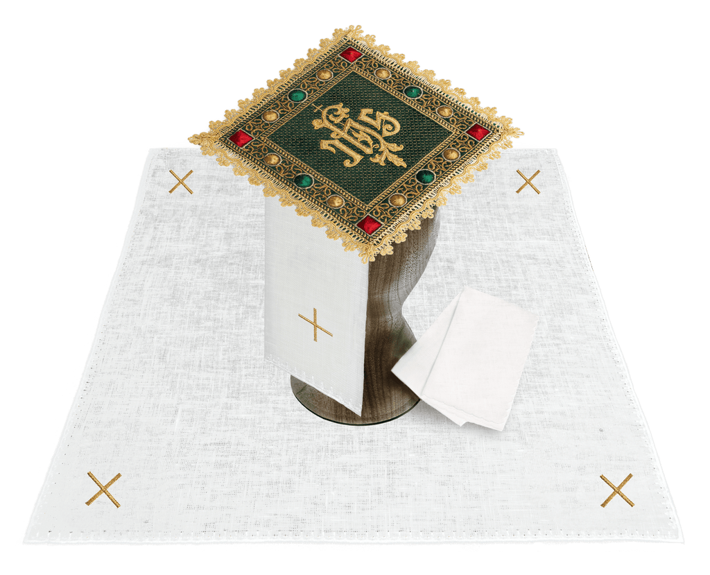 Calice en lin avec croix broderie eucharistique motif de IHS velours vert S - 5067 - C1 - CHASUBLES.FR