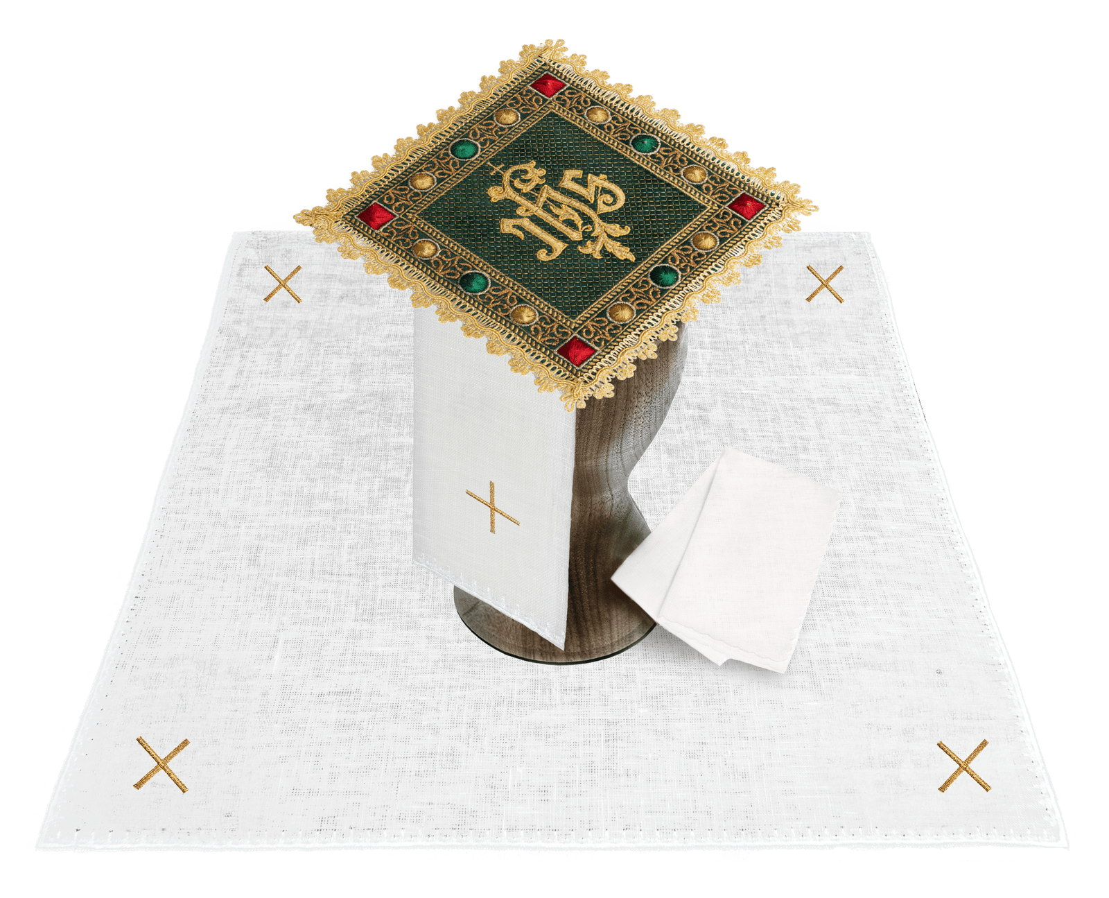 Calice en lin avec croix broderie eucharistique motif de IHS velours vert S - 5067 - C1 - CHASUBLES.FR