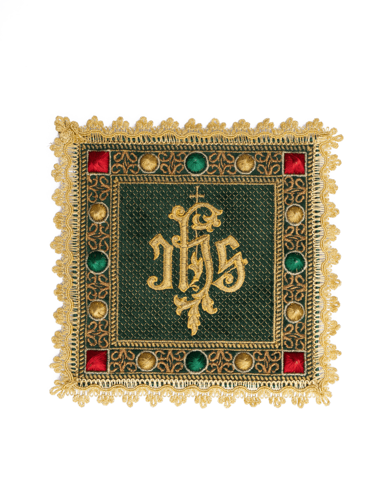 Calice en lin avec croix broderie eucharistique motif de IHS velours vert S - 5067 - C1 - CHASUBLES.FR