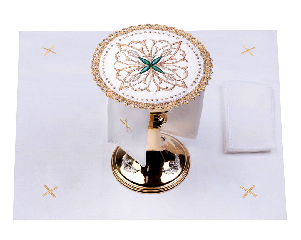Calice en lin avec croix florale vert moyen sur pied rond S - 5029 - C1 - CHASUBLES.FR