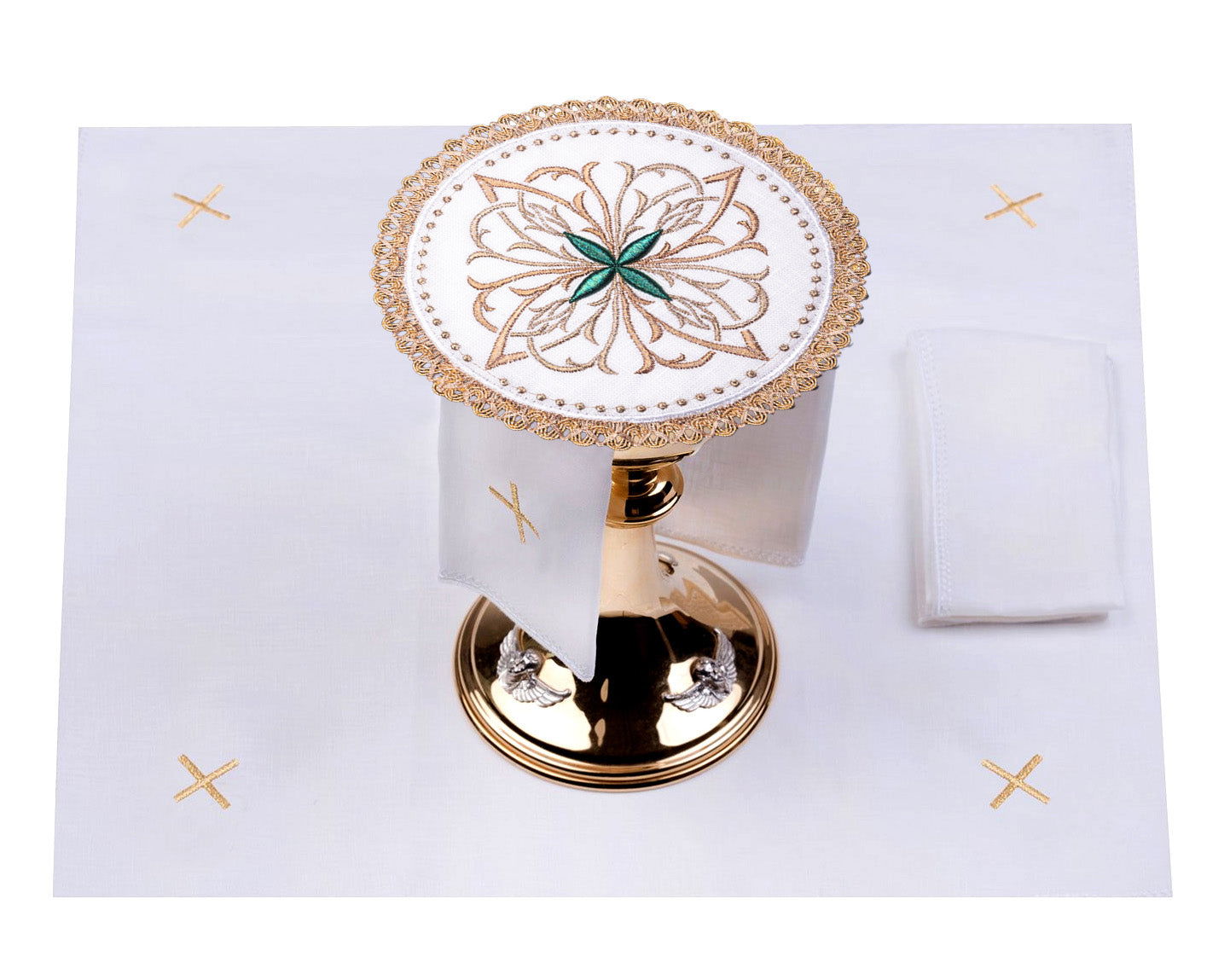 Calice en lin avec croix florale vert moyen sur pied rond S - 5029 - C1 - CHASUBLES.FR