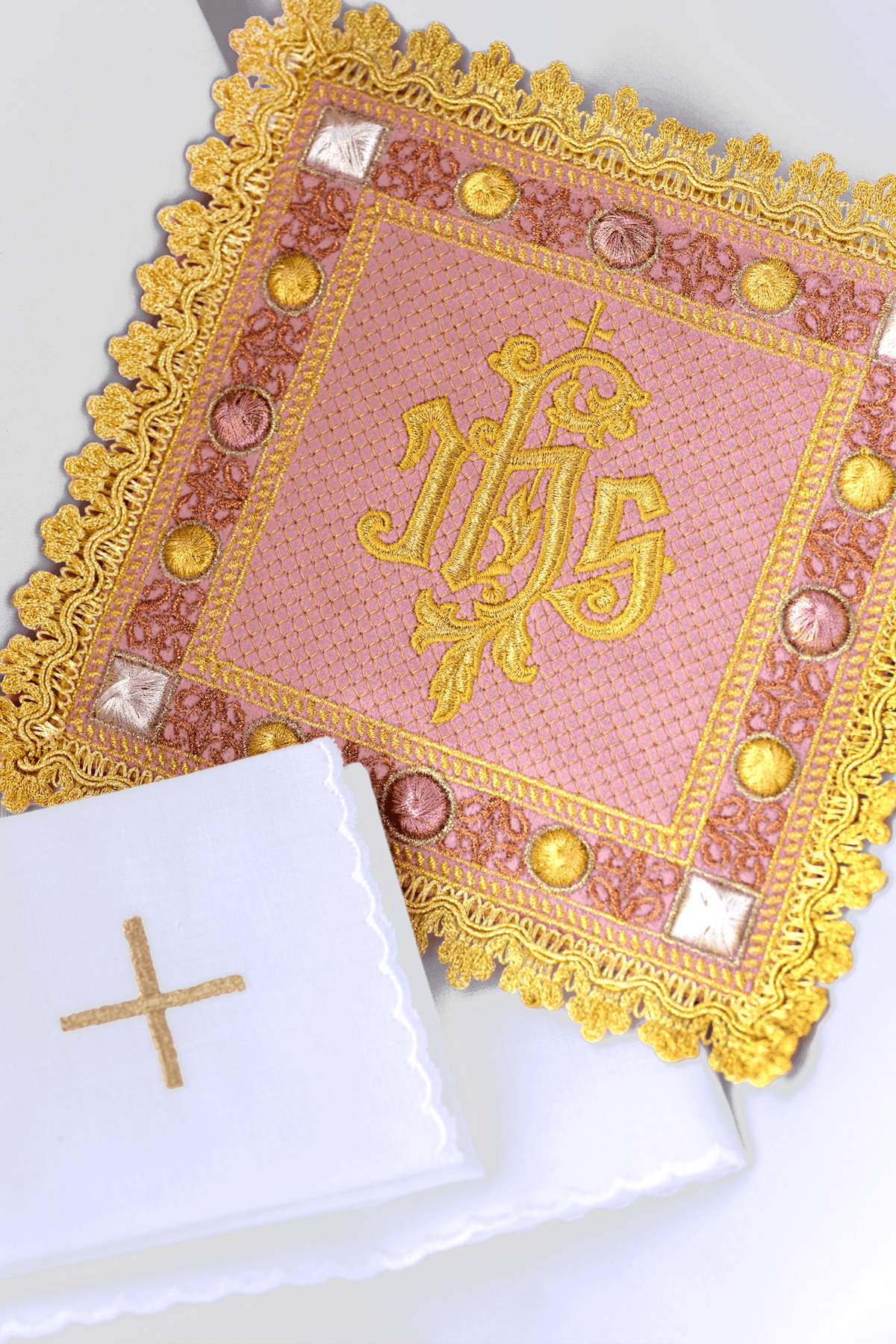 Calice en velours rose avec symbole IHS brodé S - 5567 - C5 - CHASUBLES.FR