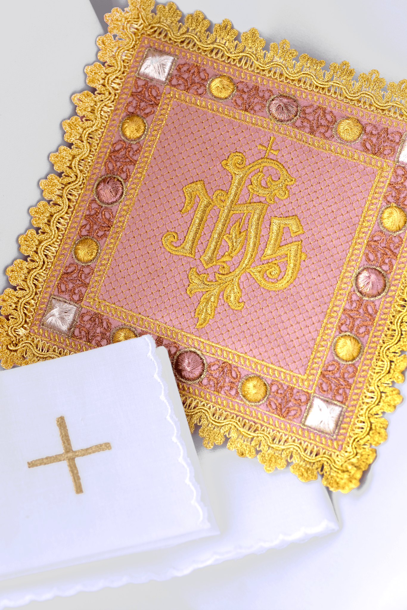Calice en velours rose avec symbole IHS brodé S - 5567 - C5 - CHASUBLES.FR