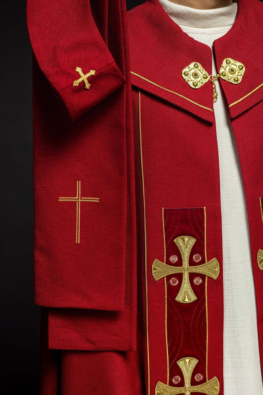Capa en croix brodée or et velours rouge S - 3068 - 02 - 70 145cm - CHASUBLES.FR