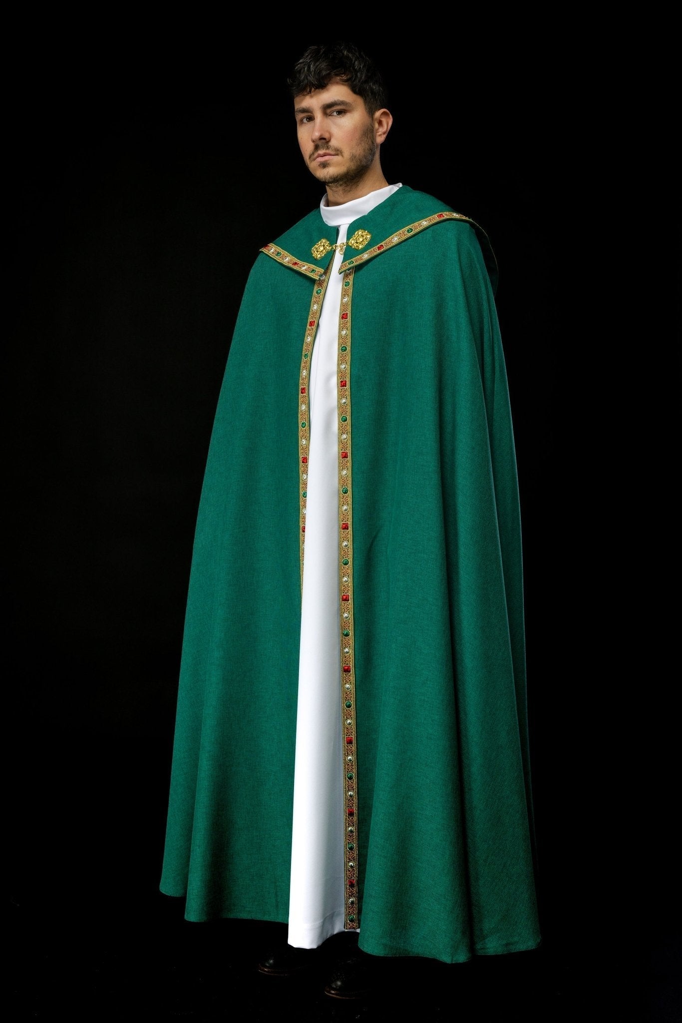 Chapelle liturgique verte avec IHS doré S - 3067 - 01 - 70 150cm - CHASUBLES.FR