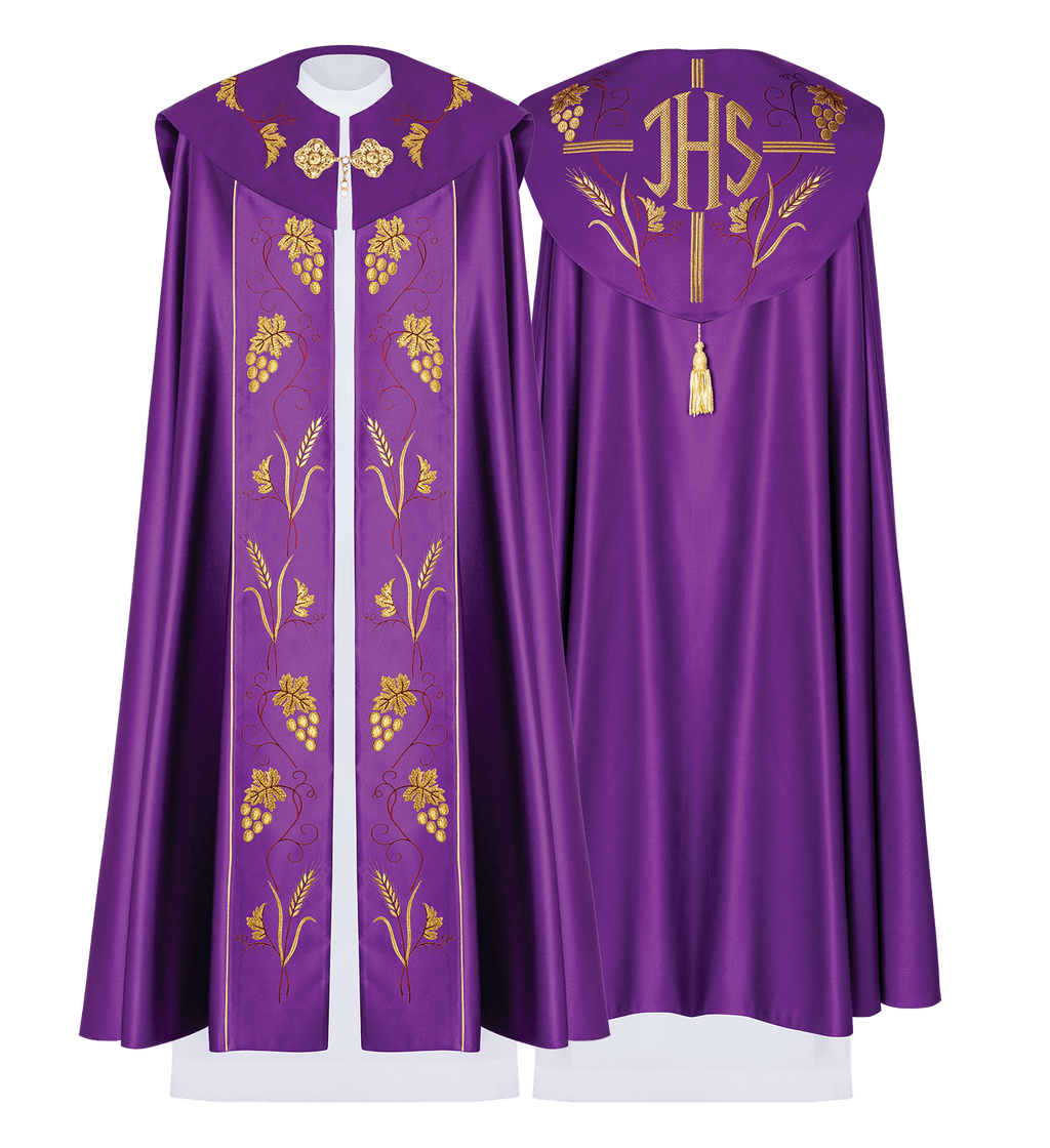 Chapelle liturgique violette avec broderie de raisins d'or KKP/001/03/20 FIOLET SAT.POMPON 150cm - CHASUBLES.FR