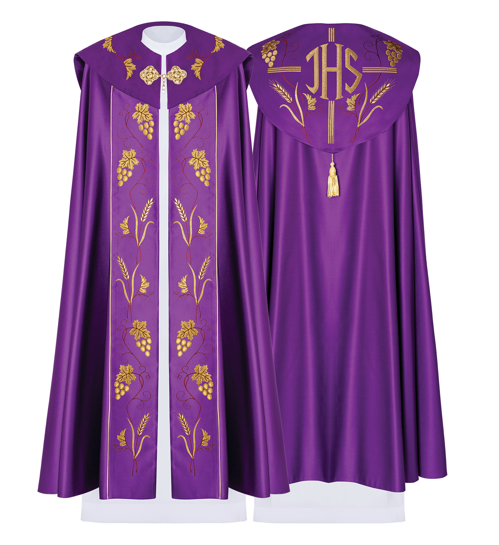 Chapelle liturgique violette avec broderie de raisins d'or KKP/001/03/20 FIOLET SAT.POMPON 150cm - CHASUBLES.FR