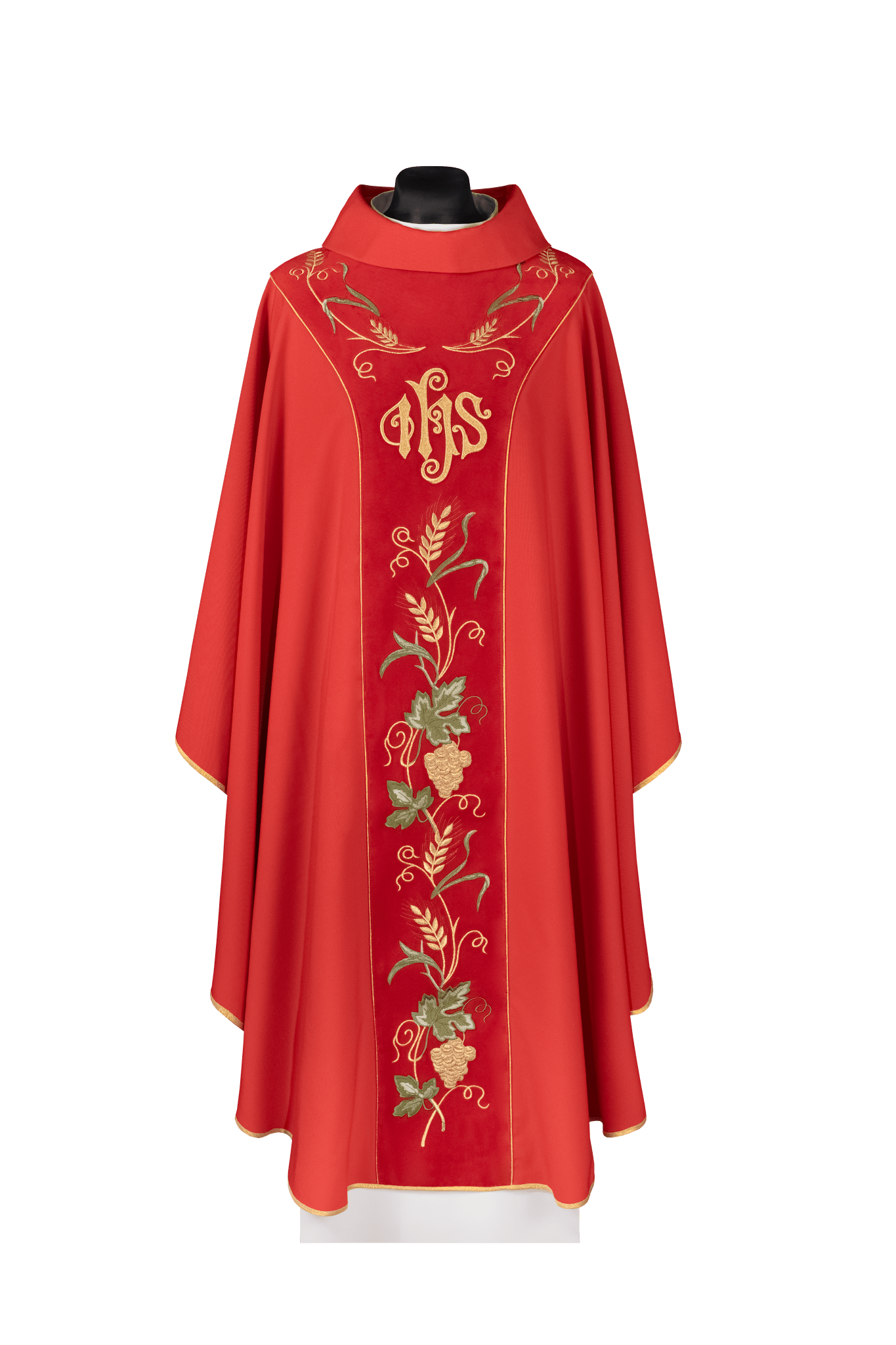 Chasuble avec bande en velours rouge et broderie IHS KDT/7050/02/53/PA CZERWONY - CHASUBLES.FR
