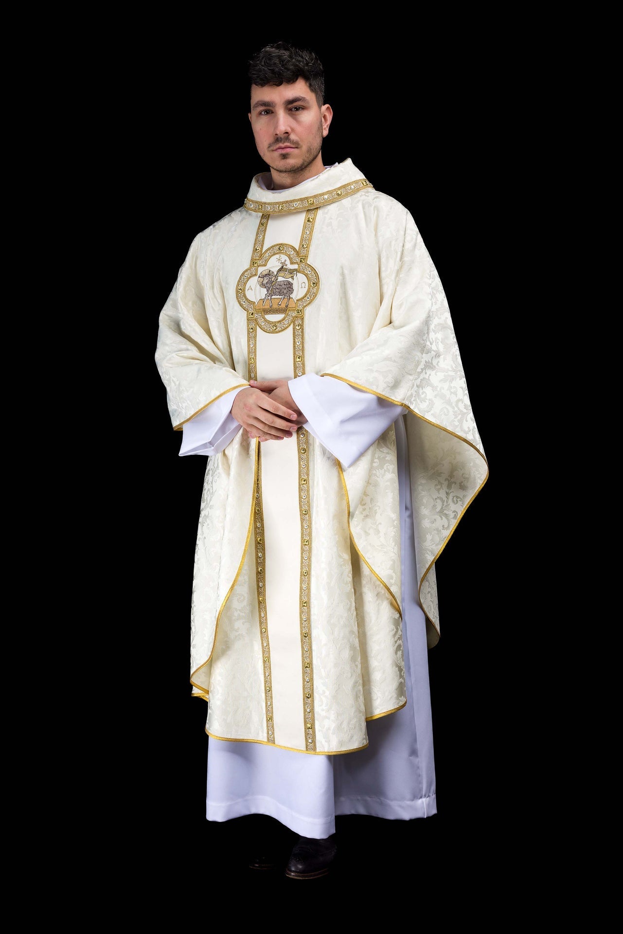 Chasuble avec ceinture et broderie de l’Agneau pascal sur tissu jacquard S-7172-05-88 - CHASUBLES.FR