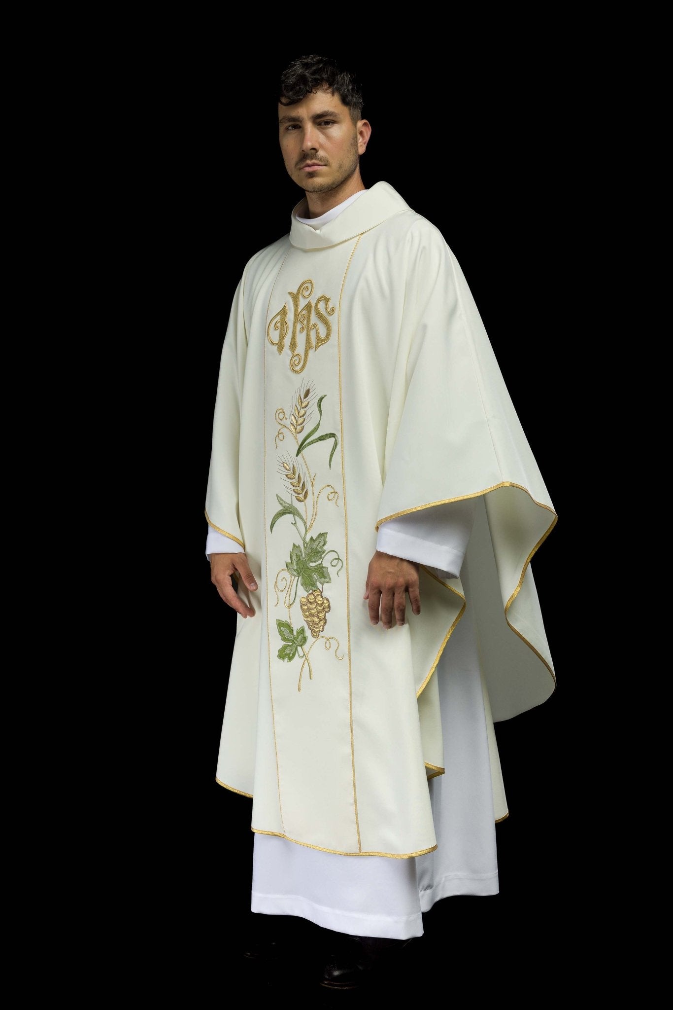 Chasuble de ceinture brodée du symbole IHS, des oreilles et des raisins écrus KOR/117/05/01 ECRU - CHASUBLES.FR