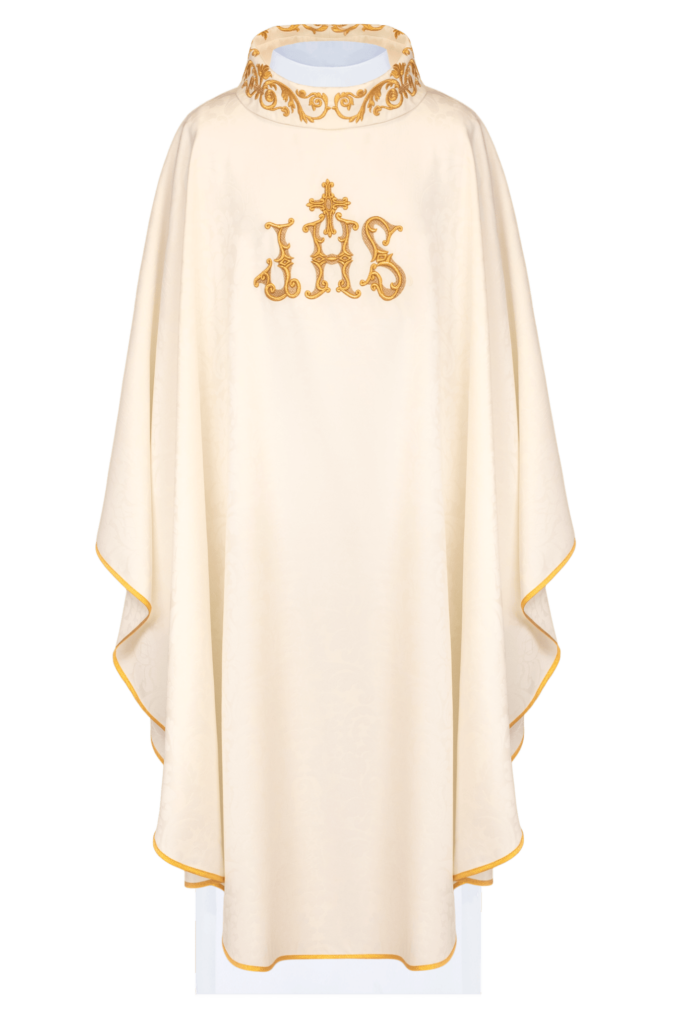 Chasuble écrue avec motif IHS et col richement brodé LE/7157/05 - CHASUBLES.FR