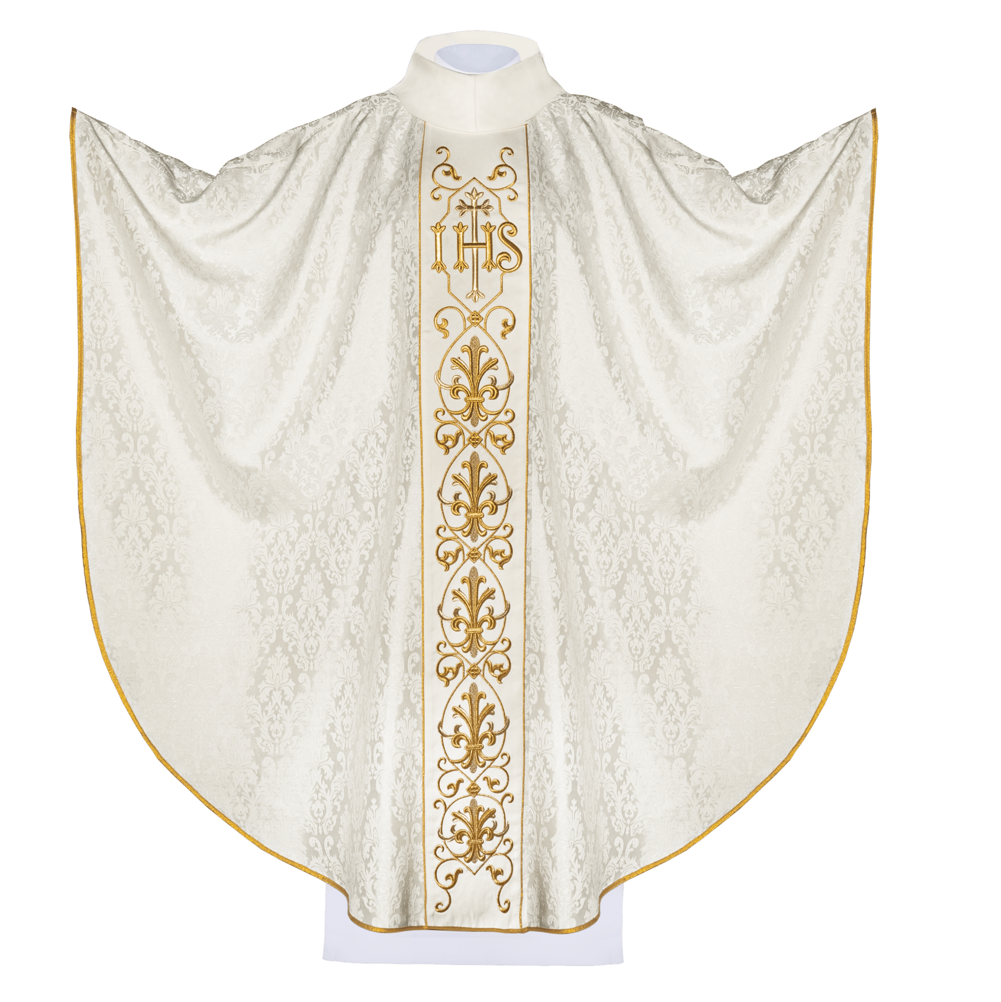 Chasuble écrue brodée sur un tissu décoratif avec le symbole IHS KOR/268/05/67 - CHASUBLES.FR
