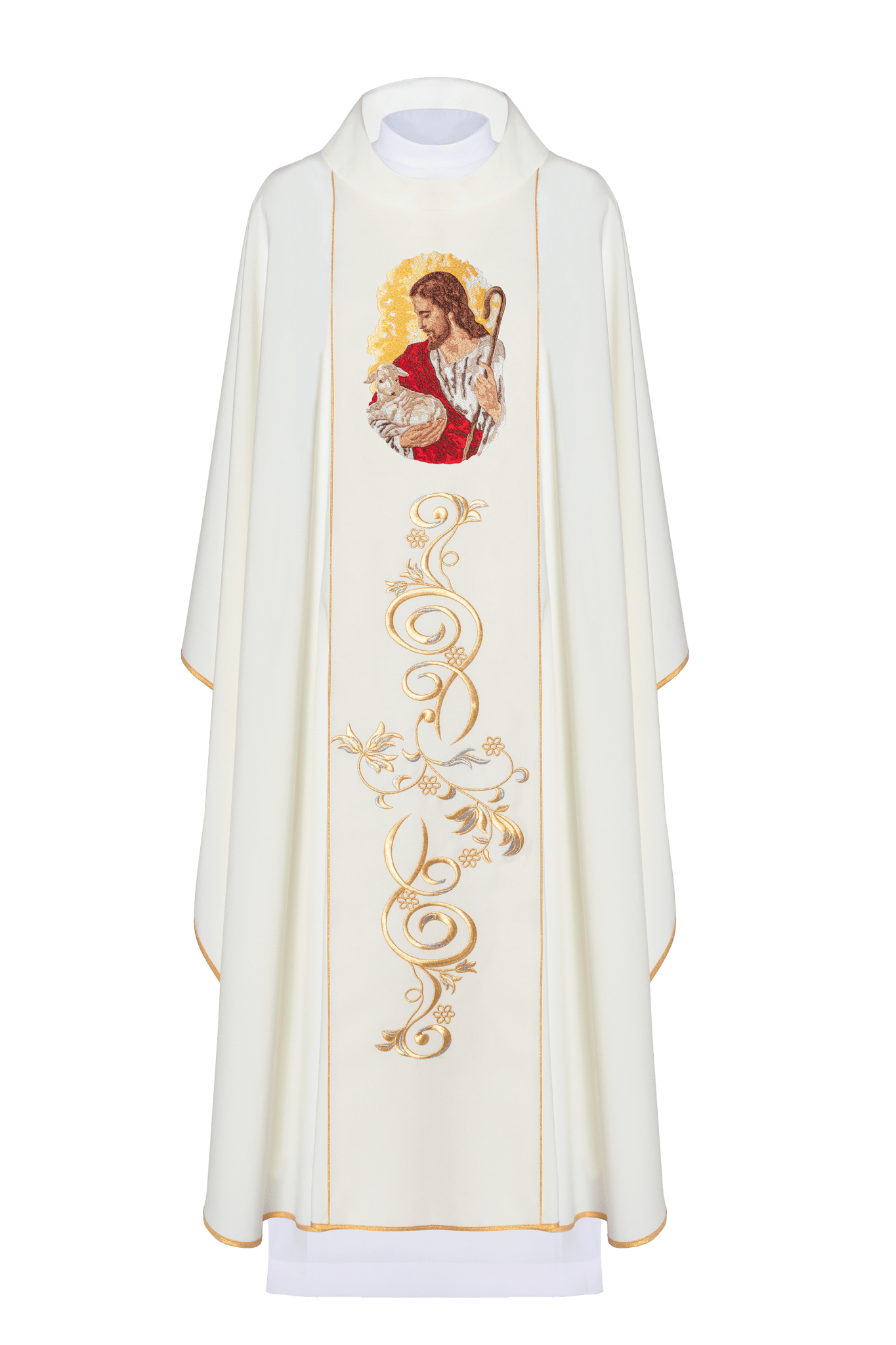 Chasuble élégante en écru avec l'image de Jésus le Bon Pasteur KOR/202/05/01 ECRU - CHASUBLES.FR