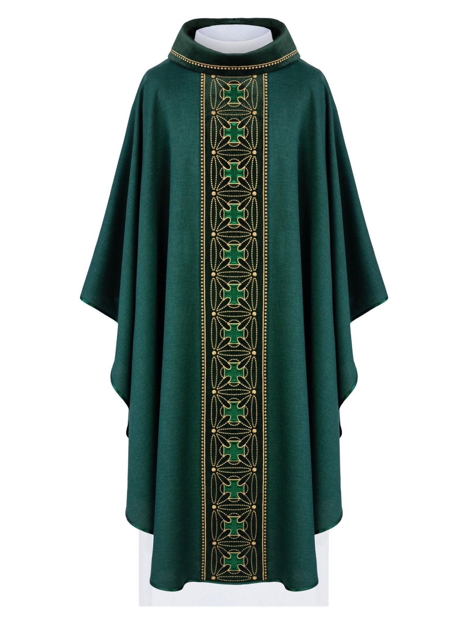 Chasuble liturgique avec ceinture richement décorée de croix en vert S - 7071 - 01 - 70 - CHASUBLES.FR