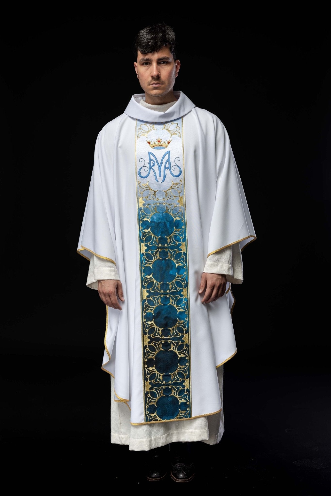 Chasuble liturgique mariale avec ceinture brodée et sublimée HA7015 - 04 BIAŁY - CHASUBLES.FR