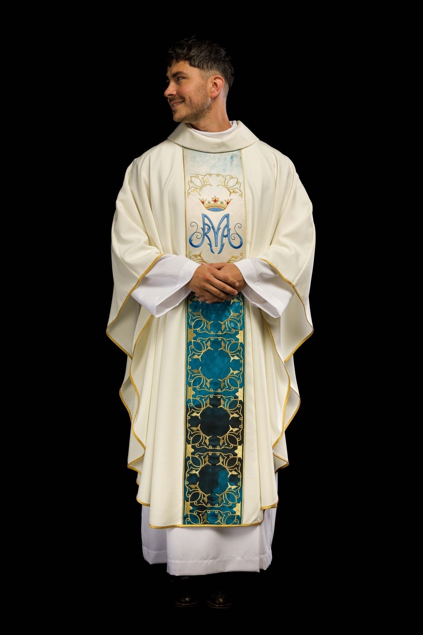 Chasuble liturgique mariale avec ceinture brodée et sublimée en écru HA7015 - 05 ECRU - CHASUBLES.FR