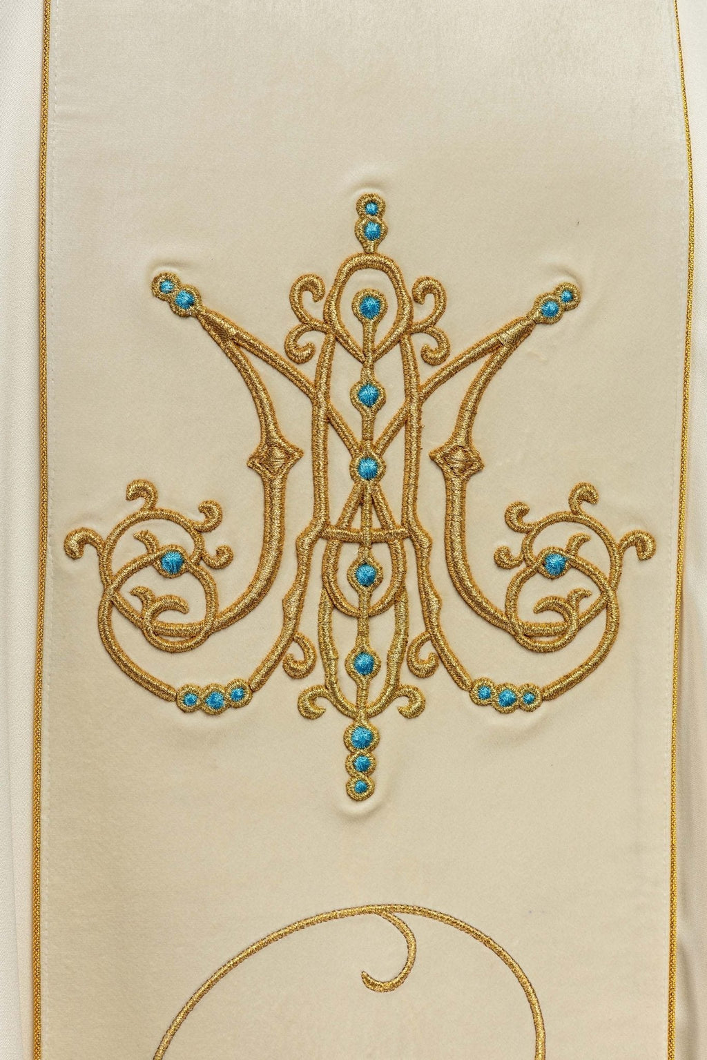 Chasuble liturgique mariale avec ceinture en velours écru KOR/372/05/53/PA ECRU - CHASUBLES.FR