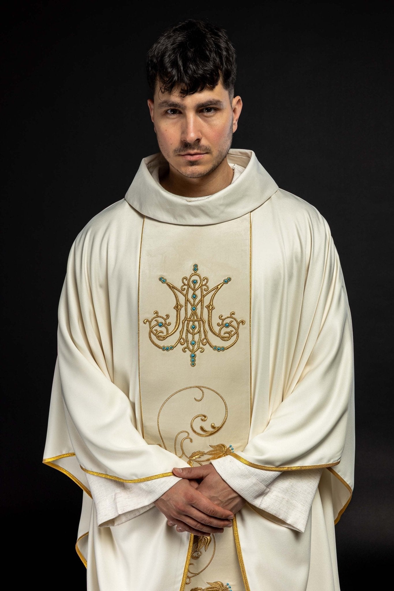 Chasuble liturgique mariale avec ceinture en velours écru KOR/372/05/53/PA ECRU - CHASUBLES.FR