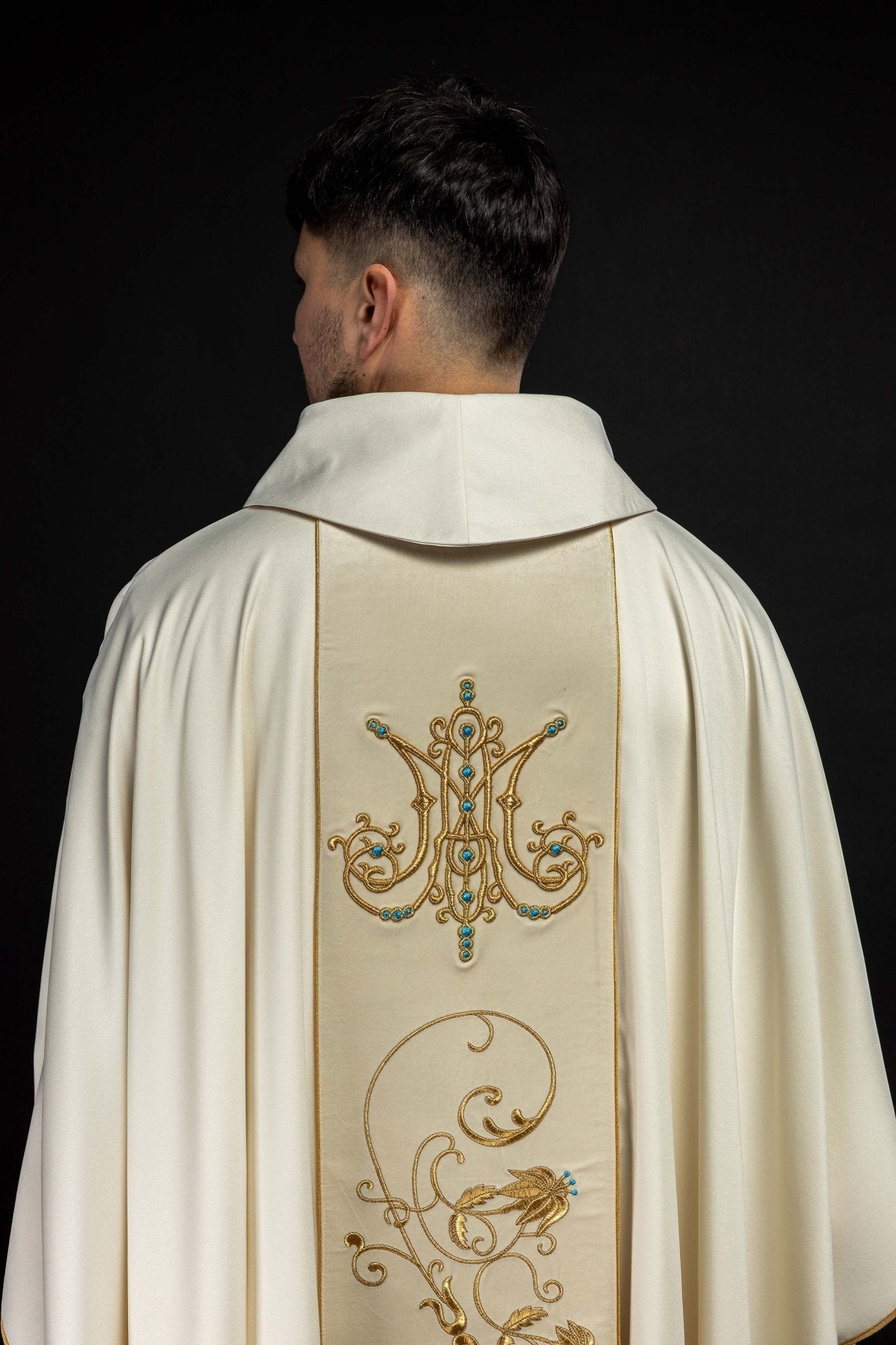 Chasuble liturgique mariale avec ceinture en velours écru KOR/372/05/53/PA ECRU - CHASUBLES.FR