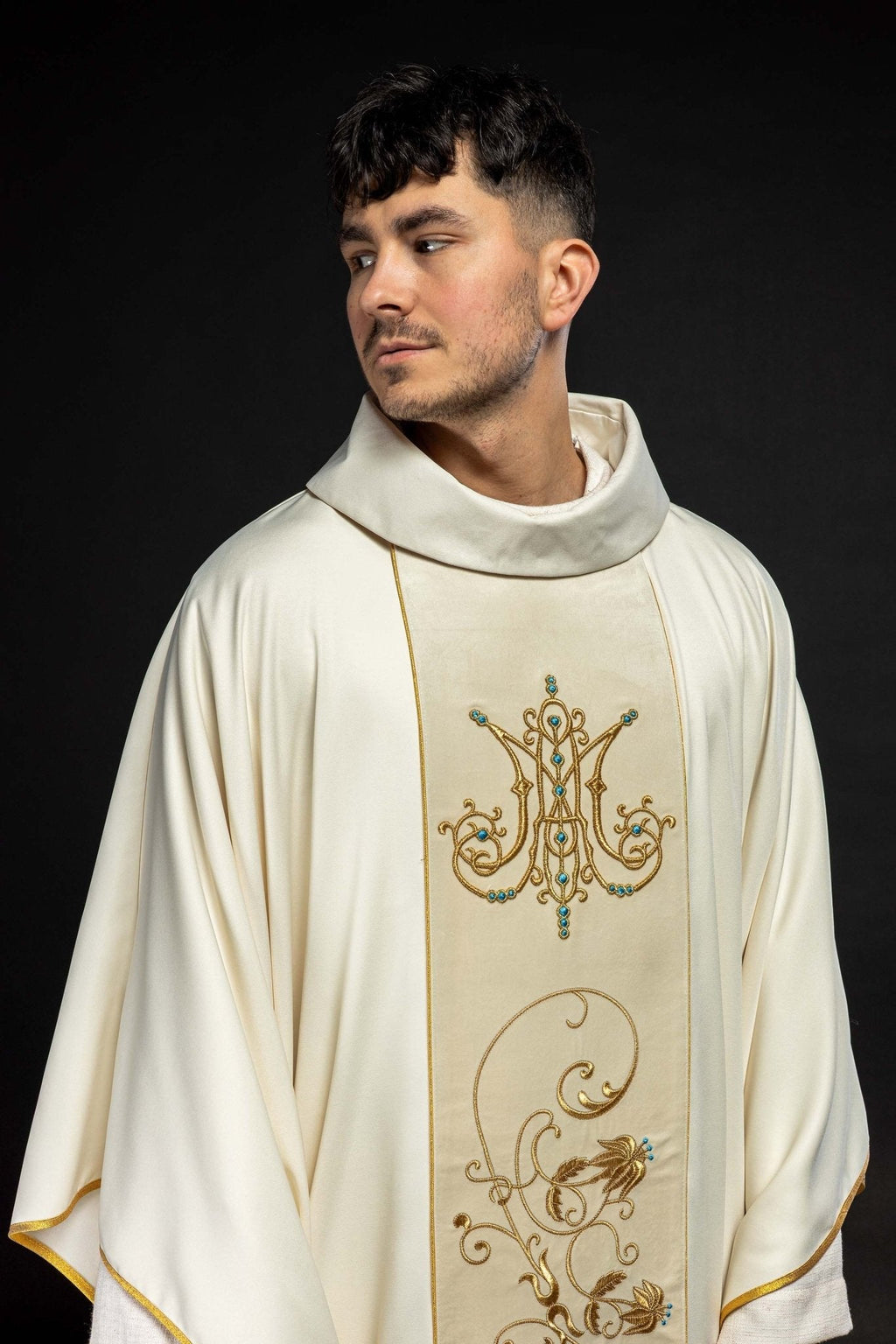 Chasuble liturgique mariale avec ceinture en velours écru KOR/372/05/53/PA ECRU - CHASUBLES.FR