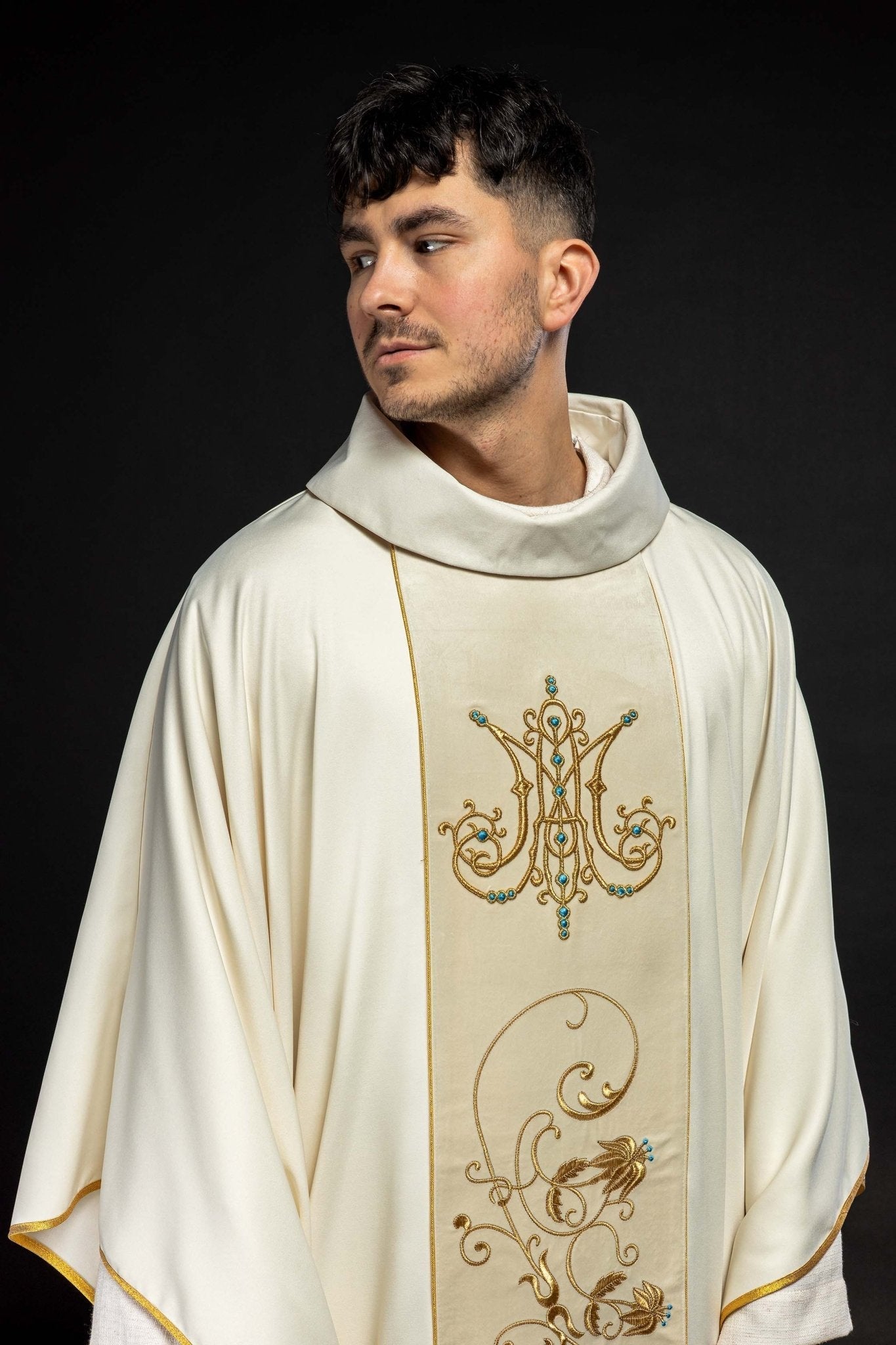 Chasuble liturgique mariale avec ceinture en velours écru KOR/372/05/53/PA ECRU - CHASUBLES.FR