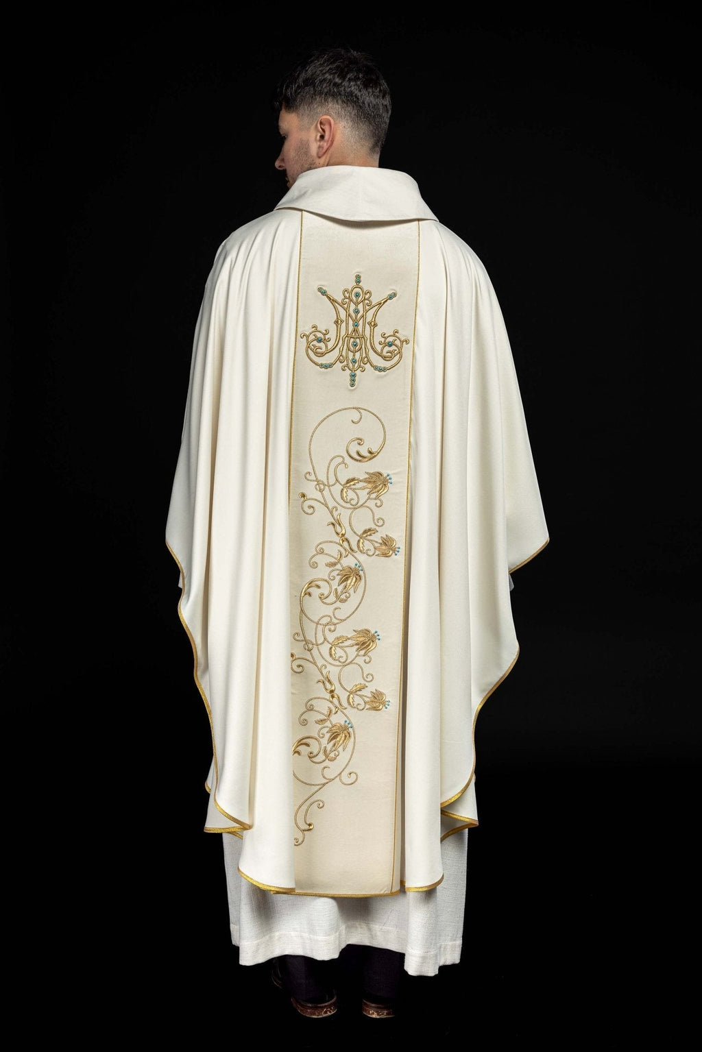 Chasuble liturgique mariale avec ceinture en velours écru KOR/372/05/53/PA ECRU - CHASUBLES.FR
