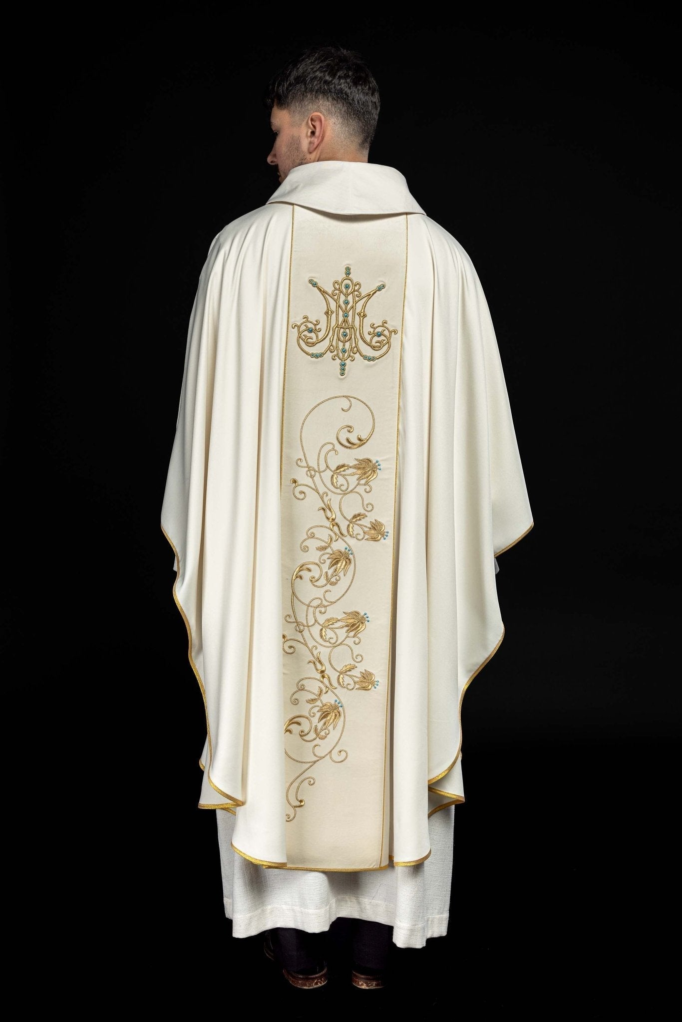 Chasuble liturgique mariale avec ceinture en velours écru KOR/372/05/53/PA ECRU - CHASUBLES.FR