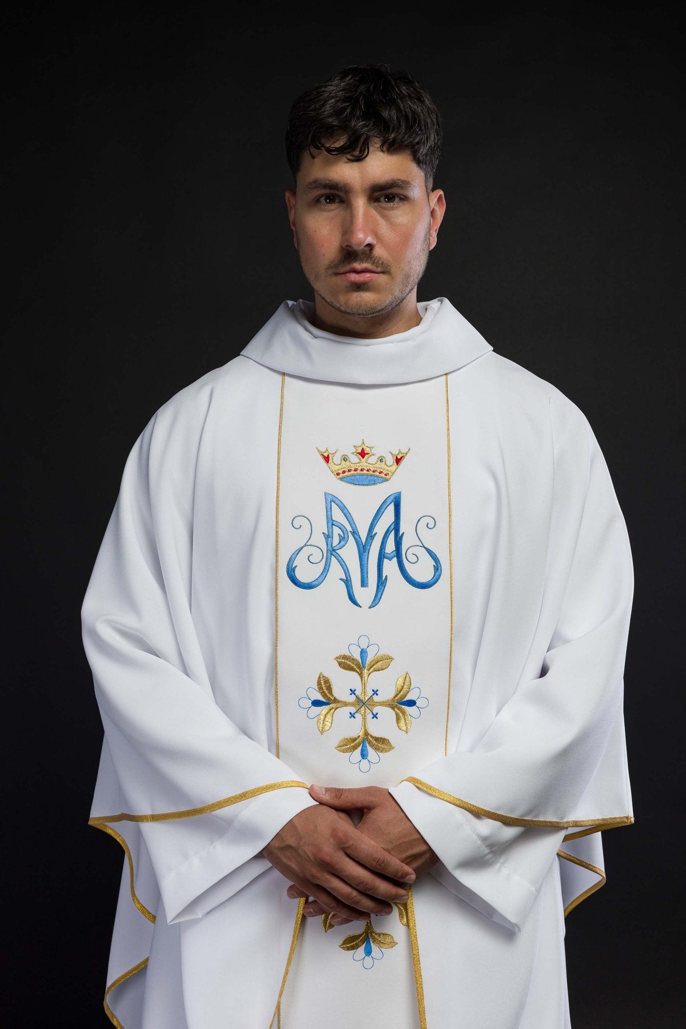 Chasuble liturgique mariale blanche avec ceinture KOR/128/04/01 BIAŁY - CHASUBLES.FR