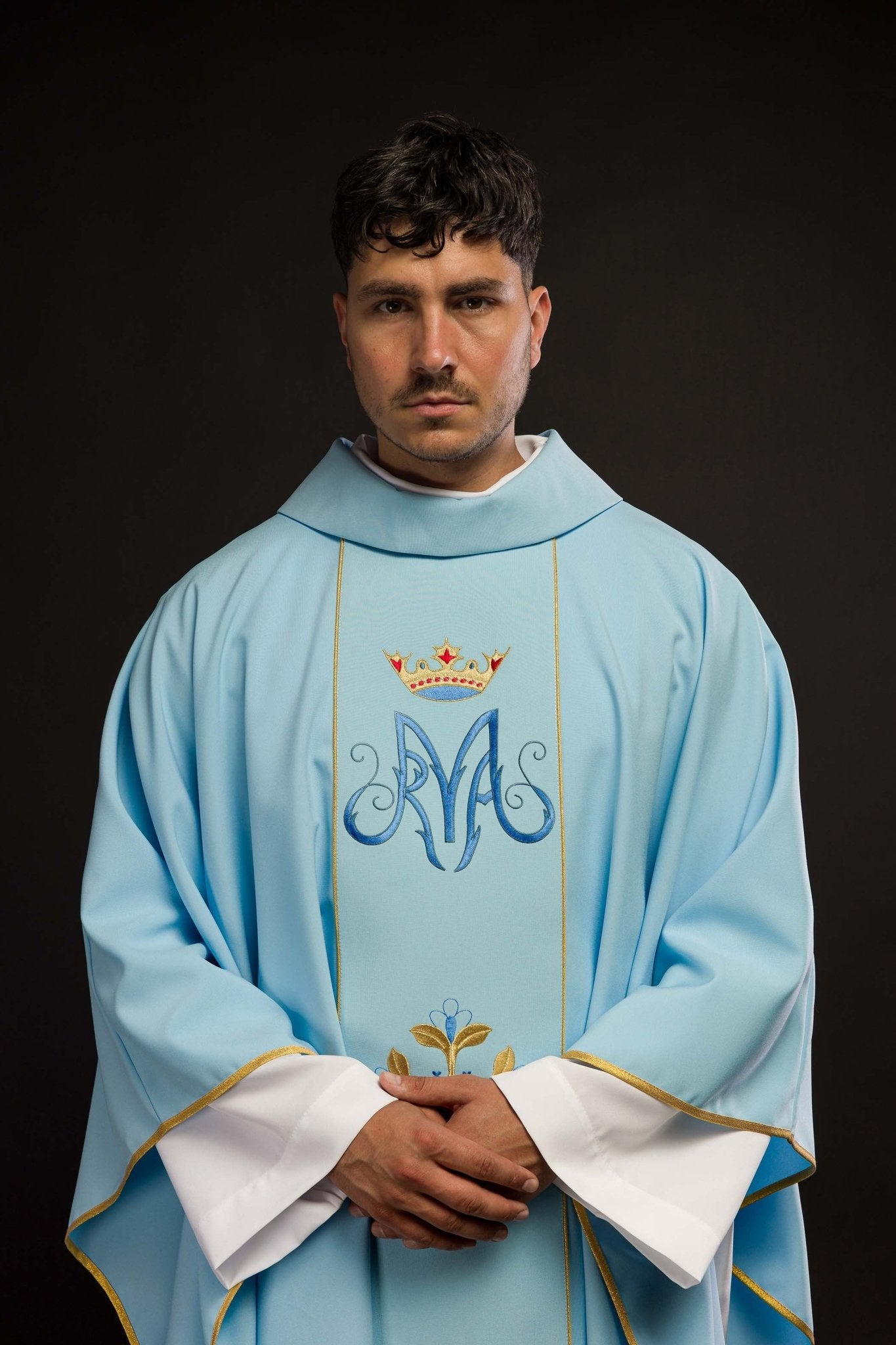 Chasuble liturgique mariale bleue avec ceinture KOR/128/06/01 NIEBIESKI - CHASUBLES.FR