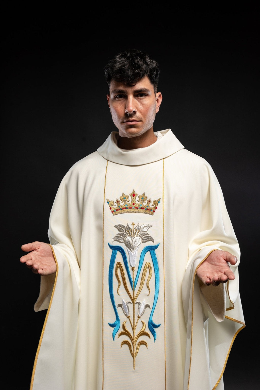 Chasuble liturgique mariale brodée d'une couronne écrue KOR/058/05/01 ECRU - CHASUBLES.FR