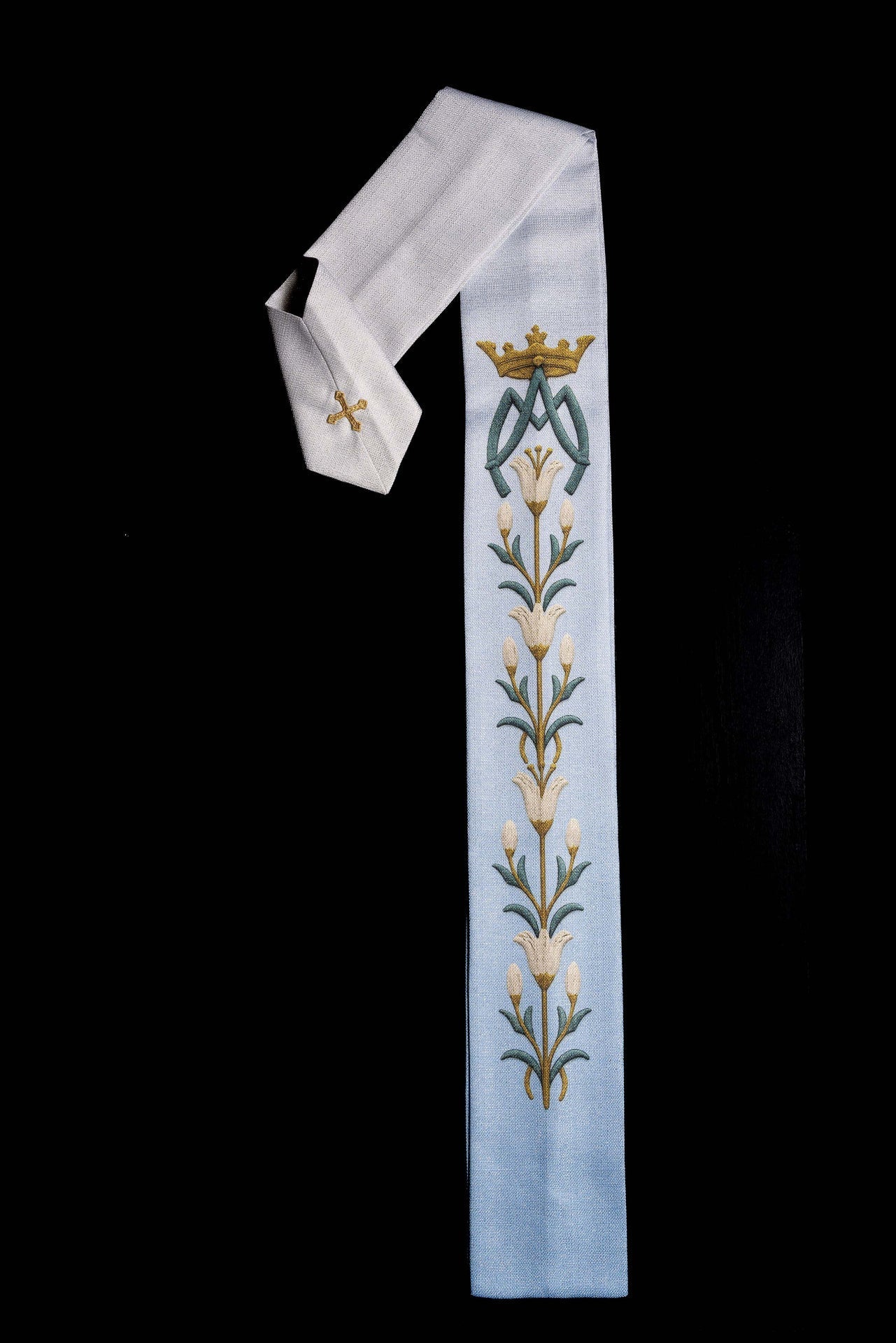 Chasuble marial imprimé avec motif de lys et monogramme bleu - écru KOD/7002/06/40 - CHASUBLES.FR