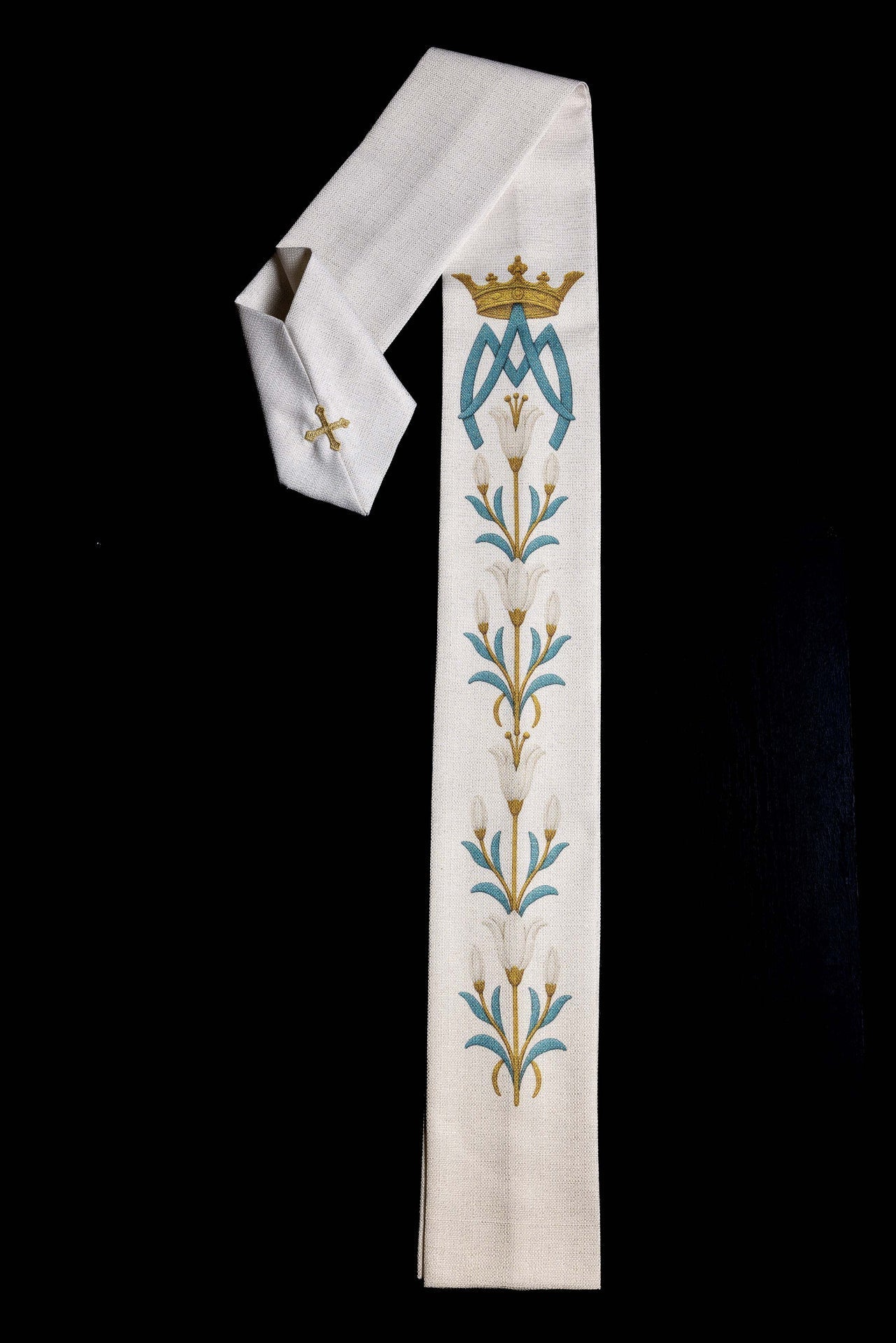 Chasuble mariale imprimée avec motif de lys et monogramme Écru KOD/7002/05/40 - CHASUBLES.FR