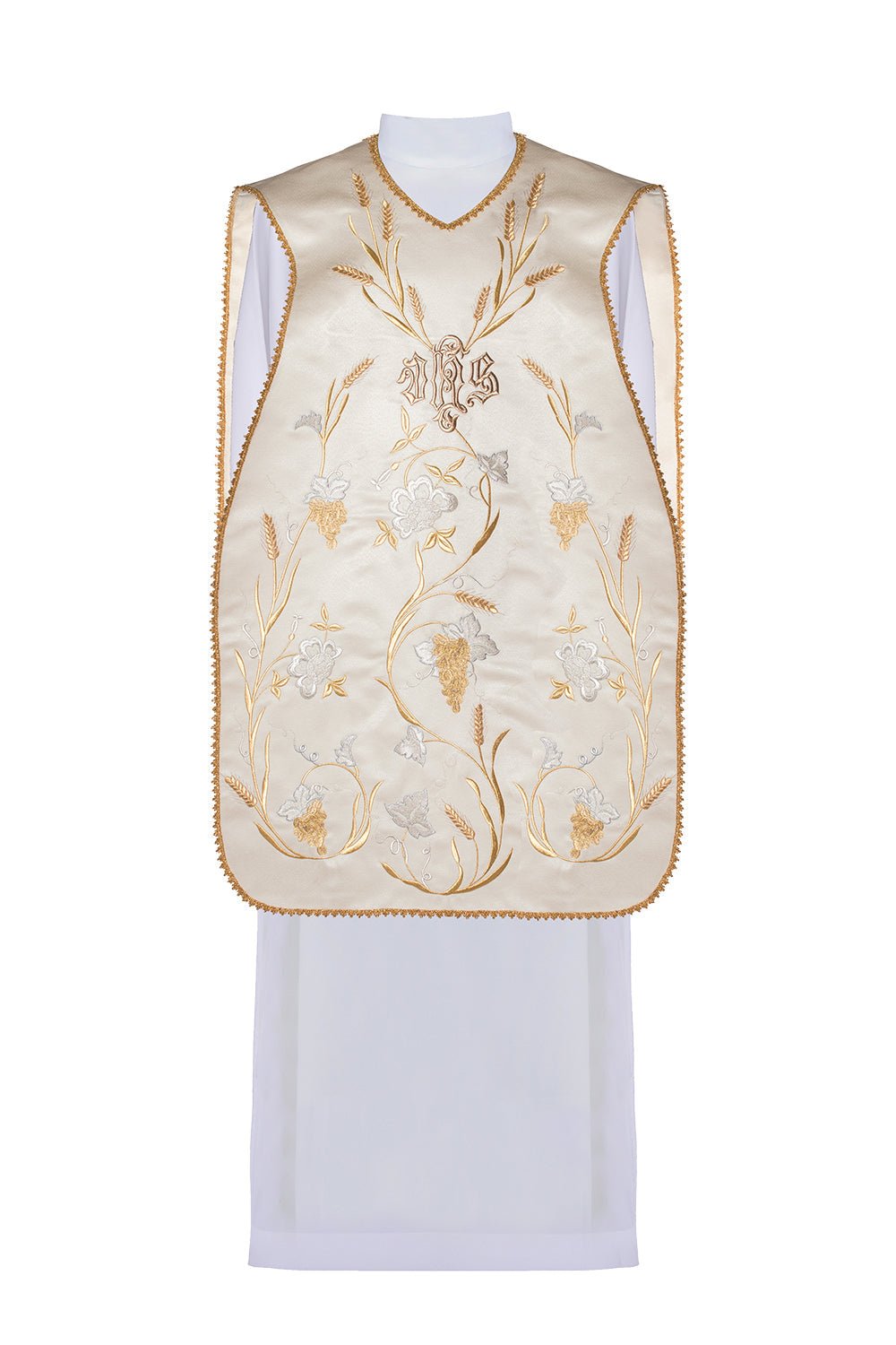Chasuble romaine IHS avec motif d'oreille et de raisin KOR/122/05/20 ECRU SAT. - CHASUBLES.FR
