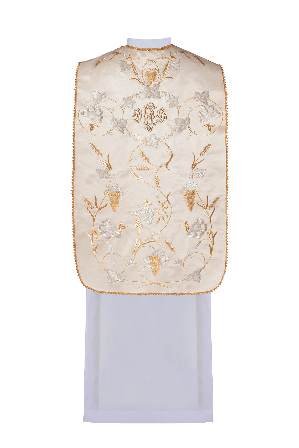 Chasuble romaine IHS avec motif d'oreille et de raisin KOR/122/05/20 ECRU SAT. - CHASUBLES.FR