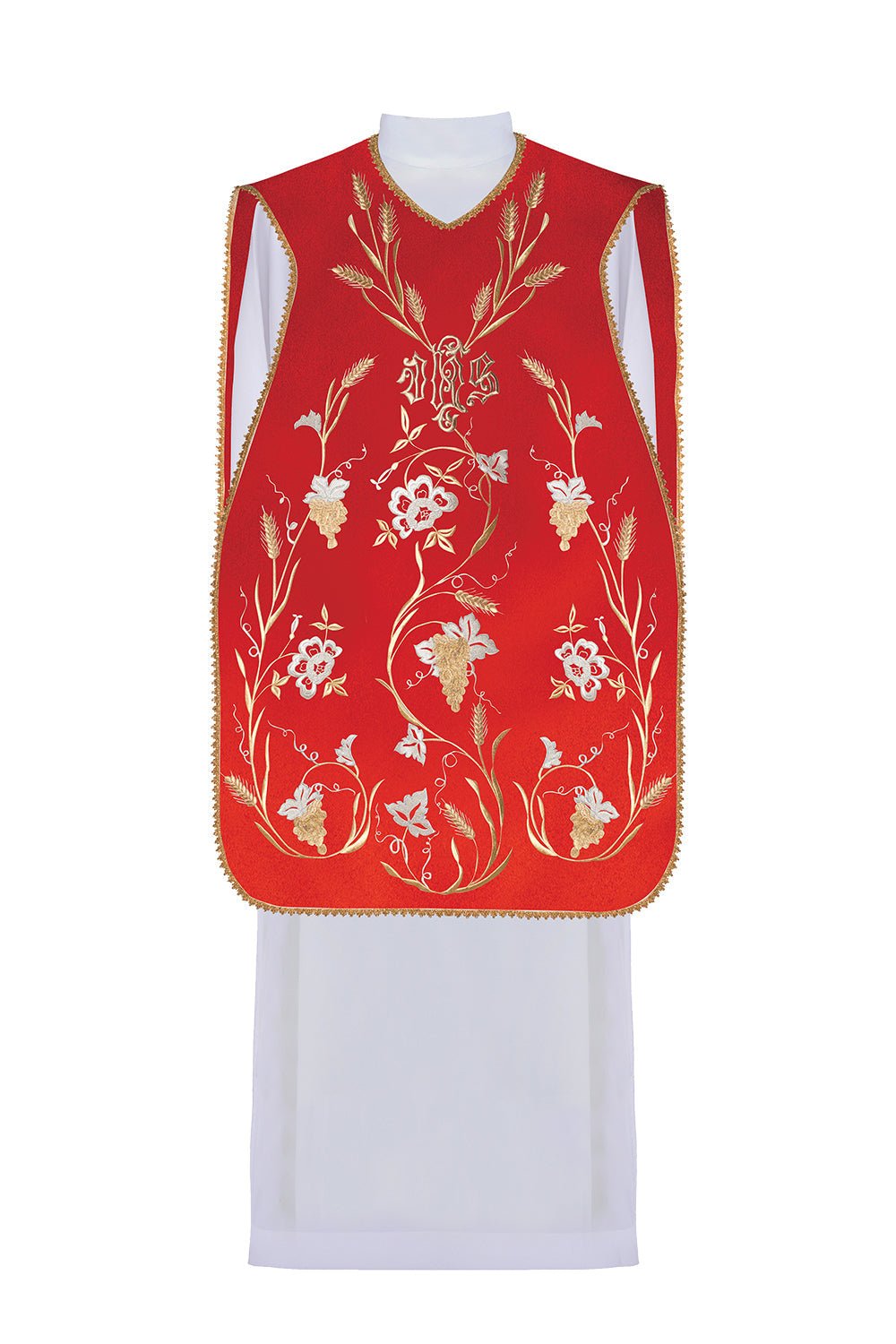 Chasuble romaine rouge avec motif IHS, oreilles et raisins KOR/122/02/01 CZERWONY - CHASUBLES.FR