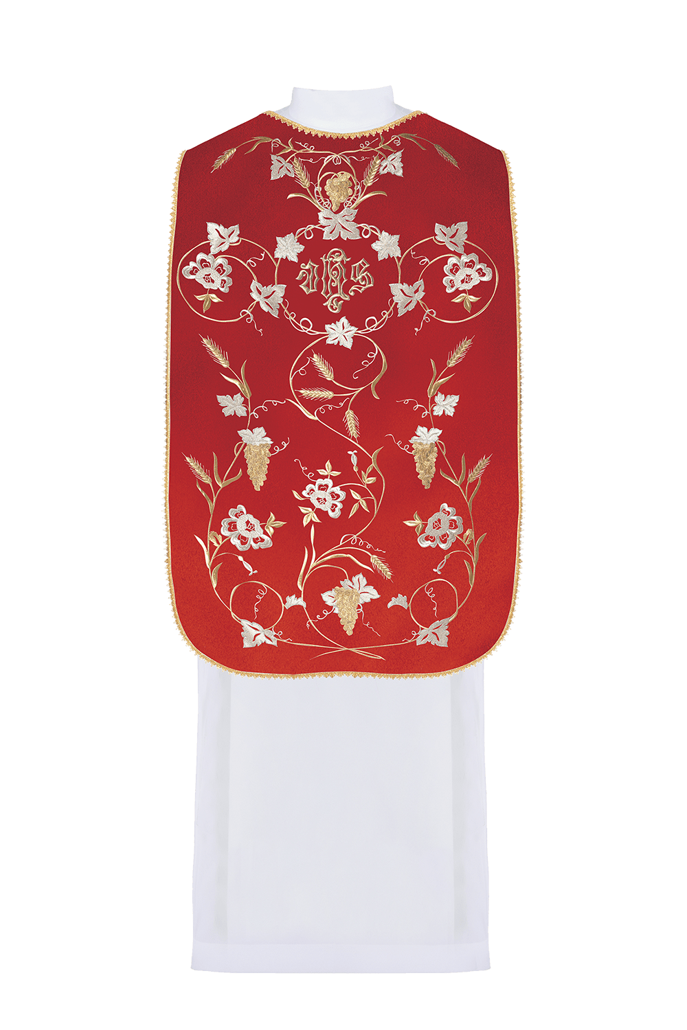 Chasuble romaine rouge avec motif IHS, oreilles et raisins KOR/122/02/01 CZERWONY - CHASUBLES.FR