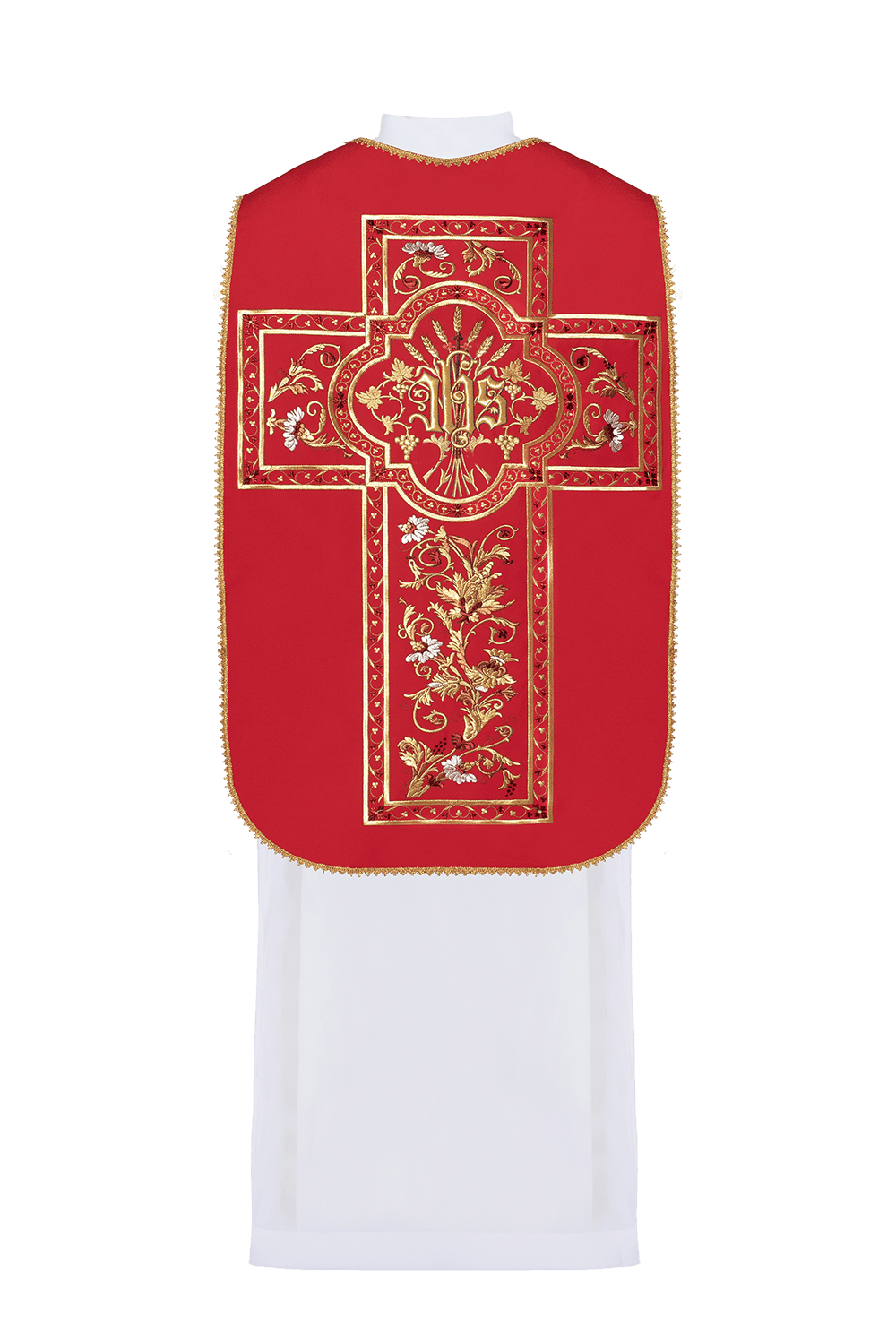 Chasuble romaine rouge brodée d'un motif IHS KOR/200/02/01 CZERWONY - CHASUBLES.FR