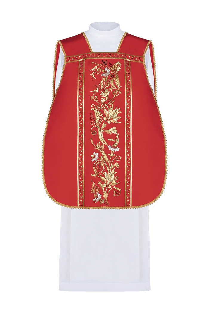 Chasuble romaine rouge brodée d'un motif IHS KOR/200/02/01 CZERWONY - CHASUBLES.FR