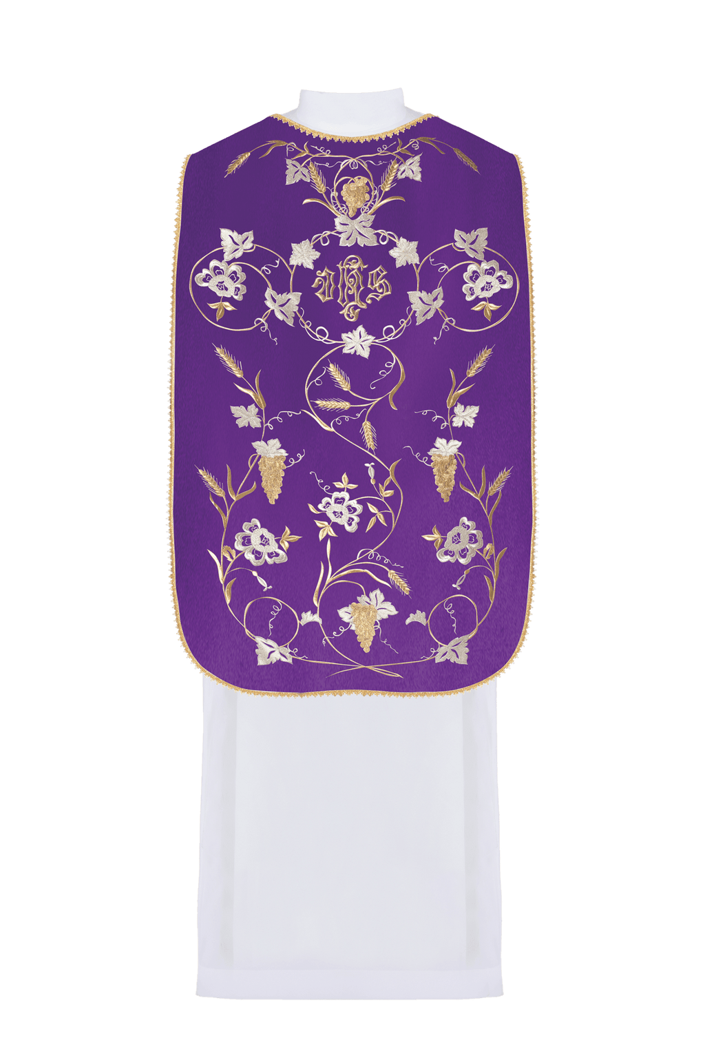 Chasuble romaine violette avec motif d'IHS, d'oreilles et de raisins KOR/122/03/01 FIOLET - CHASUBLES.FR
