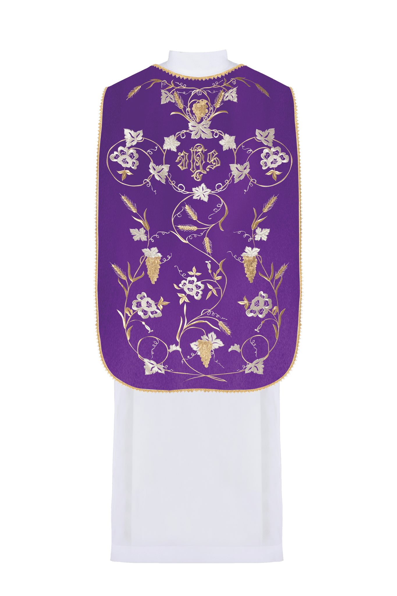 Chasuble romaine violette avec motif d'IHS, d'oreilles et de raisins KOR/122/03/01 FIOLET - CHASUBLES.FR