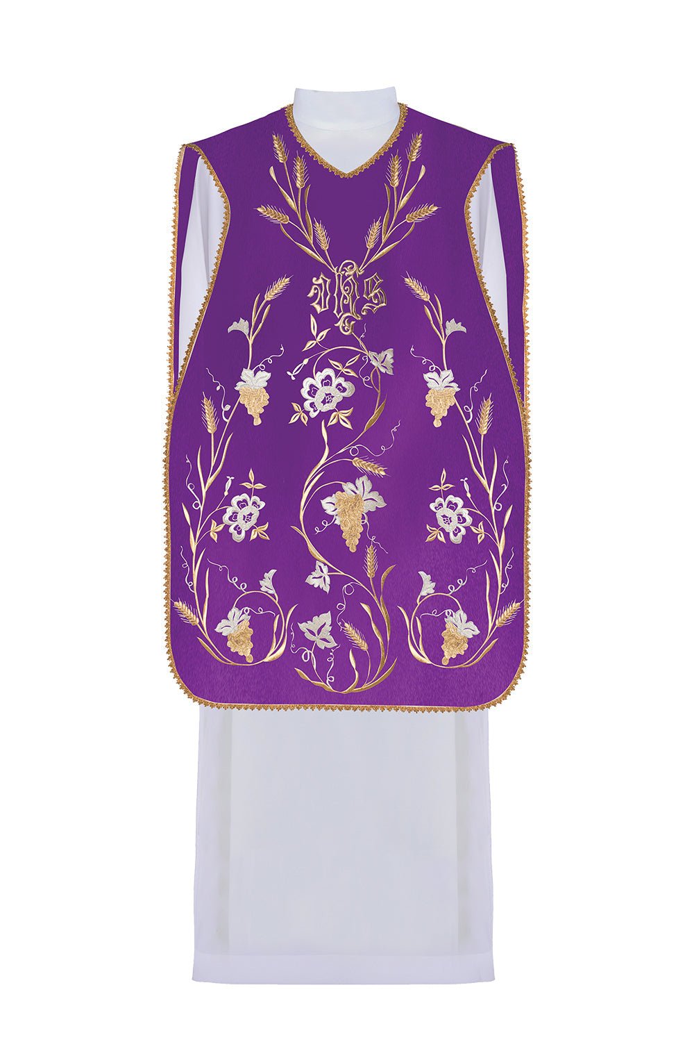 Chasuble romaine violette avec motif d'IHS, d'oreilles et de raisins KOR/122/03/01 FIOLET - CHASUBLES.FR