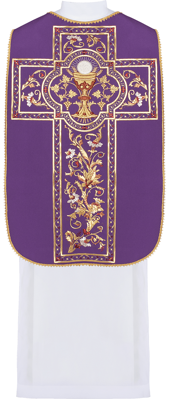 Chasuble romaine violette brodée d'un motif de calice eucharistique KOR/198/03/01 FIOLET - CHASUBLES.FR