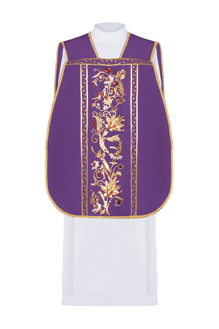 Chasuble romaine violette brodée d'un motif IHS KOR/200/03/01 FIOLET - CHASUBLES.FR