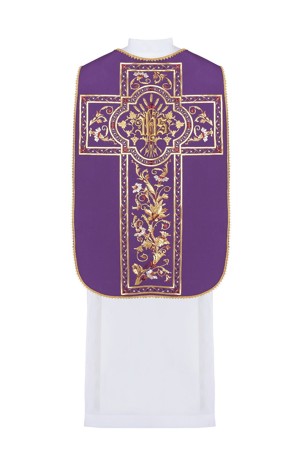 Chasuble romaine violette brodée d'un motif IHS KOR/200/03/01 FIOLET - CHASUBLES.FR