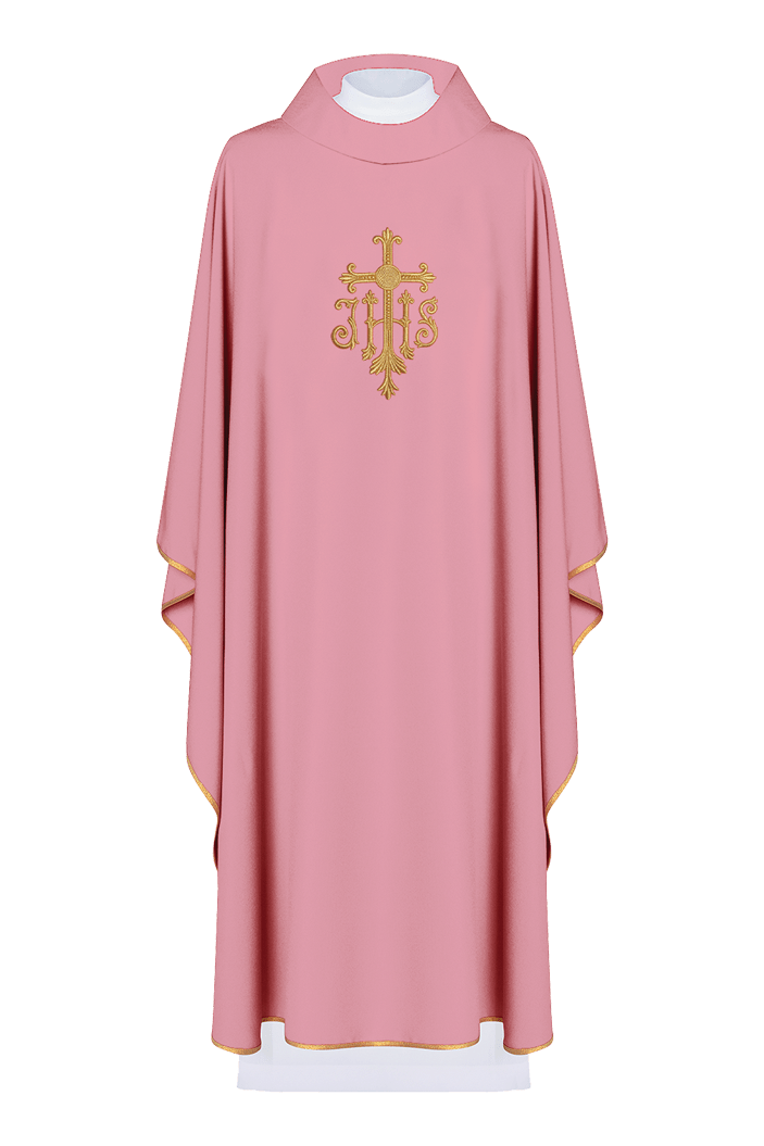 Chasuble rose avec JHS broderi KOR/255/08/12 - CHASUBLES.FR