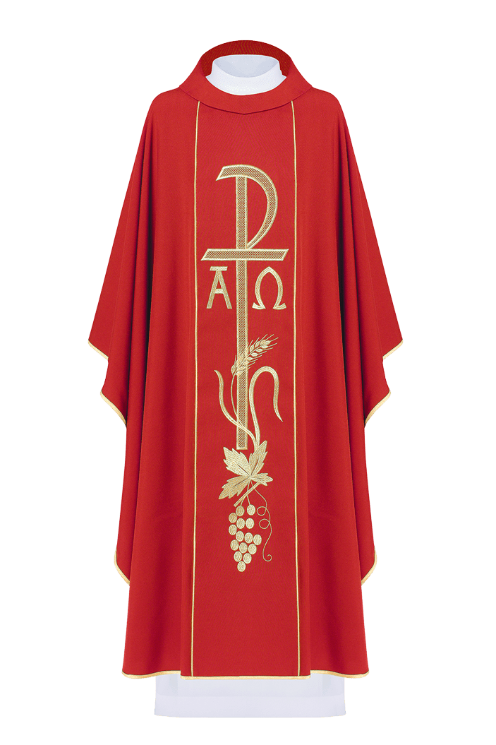 Chasuble rouge avec large ceinture brodée d'or Alpha et Omega KOR/075/02/01 CZERWONY - CHASUBLES.FR