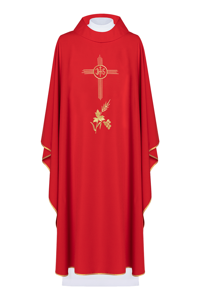 Chasuble rouge brodée d'un motif IHS KOR/003/02/12 CZERWONY - CHASUBLES.FR